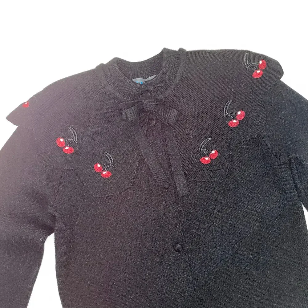 Girls Black Cardigan Sweater with Cherry Peter Pan Collar Tie Neck Size 12‎